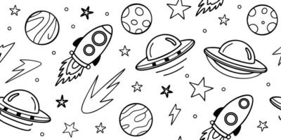 Space themed seamless pattern with rockets planets stars on background vector