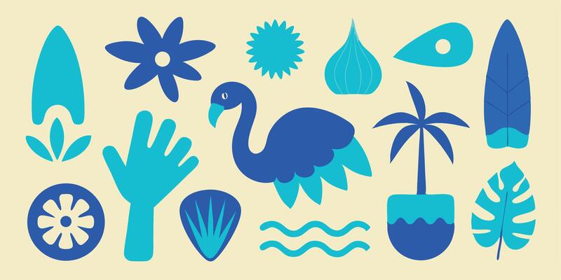 Of stylized flamingo, flowers, leaves, hand, palm tree, waves in blue turquoise leaf