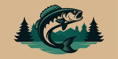 Jumping fish with open mouth forest landscape in teal dark green on tan background vector
