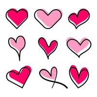 Hand Drawn Heart Doodle Set Illustration. A colorful illustration featuring a collection of 9 hand drawn heart doodles in different shapes and styles. vector