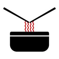 Bowl of Noodles with Chopsticks Minimalist Food Illustration. A bowl filled with red, wavy noodles, with two black chopsticks positioned above as if lifting the noodles. vector