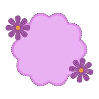 Purple Floral Label Frame with Dotted Border Illustration. A decorative, scalloped edge label in purple with a dashed black outline, giving it a stitched appearance. vector