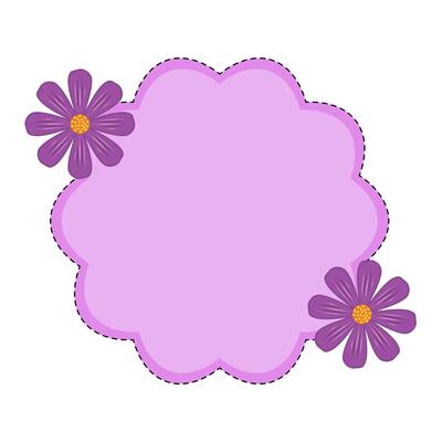 Purple Floral Label Frame with Dotted Border Illustration. A decorative, scalloped edge label in purple with a dashed black outline, giving it a stitched appearance.