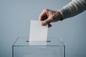 Close-up of hand inserting ballot into transparent box, democratic voting process, civic participation and election rights concept photo