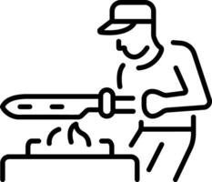 Line icon showing a character using knife sharpening machine vector