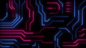 Neon circuit board background animation running in the dark with blue and red lines. Looping motion design video