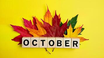 Autumn Leaves and cubes with word means 'October' on Yellow Background photo