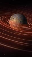 Rusty, rocky planet with surface texture, surrounded by glowing orbital rings in deep space video