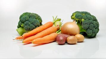 Assorted fresh vegetables - broccoli, carrots, onion, and potatoes isolated on a white background, for food and nutrition concepts. Suitable for illustrating healthy eating, vegetarian meals, and grocery themes. photo