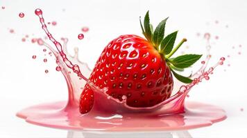Isolated ripe strawberry splashes into pink liquid, emphasizing freshness and juiciness. Useful for food, beverage, and healthy lifestyle concepts. photo