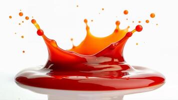 Splash of fresh red tomato ketchup, isolated on a white background. Suitable for food advertising, packaging, or culinary design projects. photo
