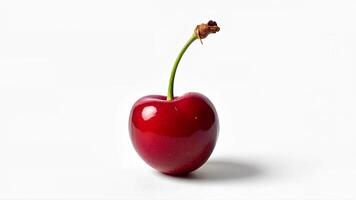 Single red cherry isolated on a white background for food, nutrition, and healthy eating concepts. Useful for illustrating fruit, diet, and natural produce themes. photo