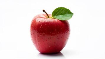 Single red apple with green leaf and water droplets isolated on white background. Useful for food, nutrition, and healthy eating concepts. photo