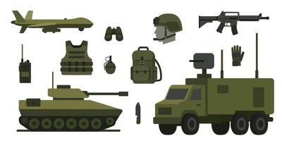 Military equipment and supplies arranged on a white background showcasing tactical items vector