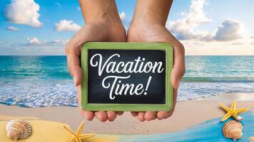 Close-Up of Hands Displaying Vacation Time Sign at Seaside with Soft Sand and Light Clouds in Background photo