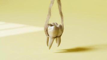 Isolated Clean Human Tooth Hanging from String, Casting Shadow on Minimalist Yellow Surface photo