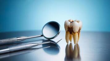 Close-Up of a Molar Tooth with Shiny Dental Tools on Reflective Silver Surface and Cold Light Blue Background photo