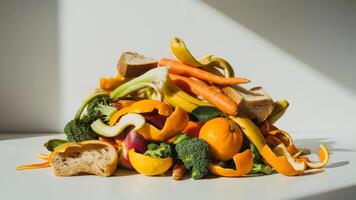 Realistic Food Waste Composition Featuring Fruit Skins, Vegetable Trimmings, and Bread Ends photo