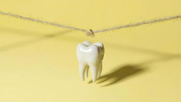 Glossy White Tooth Dangling Midair by Thread Over Soft Yellow Backdrop photo