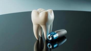 Human Tooth and Implant Side by Side on Shiny Surface with Gradient Blue Background photo
