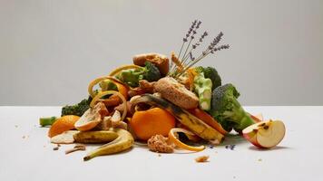 Close-Up of Mixed Compostable Food Waste on White Background with Emphasis on Natural Texture Variety photo