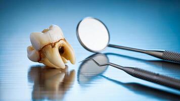 Dental Concept Image Featuring a Human Molar and Mirror Explorer Tools on a Silver Reflective Surface photo