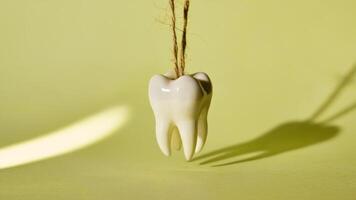 Suspended Human Tooth Hanging by Frayed String with Shadow on Pastel Yellow Background photo