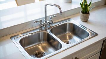 Clean and Bright Kitchen Scene with Shiny Double Sink, Chrome Tap, and Indoor Plant Accent photo