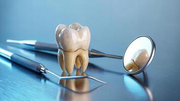 Isolated Molar Tooth and Stainless Steel Dental Instruments on Metallic Table in a Sterile Clinical Setting photo