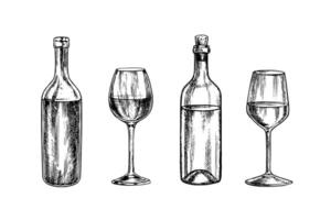 A set of wine images. Bottles for white and red wine, wine glasses. Handmade illustrations. For packaging and labels. For banners and posters. For restaurants, bars, and more. vector