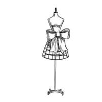 A tailor s mannequin with a bow at the waist. graphics, black and white hand-drawn illustration. An element of your design for banners, posters, and websites. For postcards, labels, packaging vector