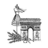 A tailor s dummy with a lavender scarf and the Arc de Triomphe in Paris. graphics, hand-drawn black and white illustrations. This is an element of your design for banners, posters, postcards. vector