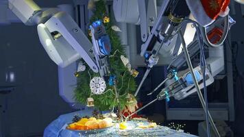Futuristic robotic equipment for New year. Robotic arms peeling mandarin on table. Modern engineering. New machinery for Christmas preparation. video