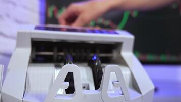Euro currency on money counting machine. Automatic money counting in the machine video