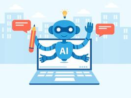 AI assistant with laptop and pencil vector