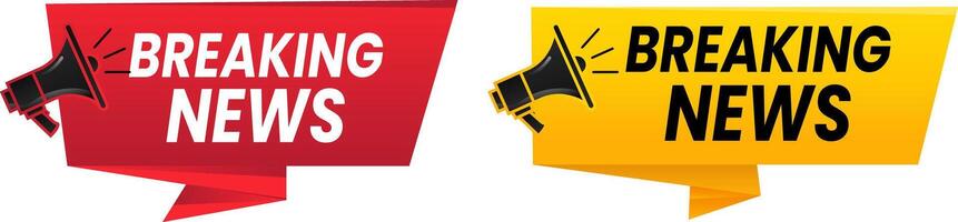 Breaking News megaphone badge icons in red and yellow for web banners, announcement tags, and emergency broadcast graphics vector