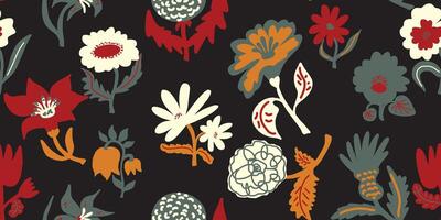 a black and red floral pattern with many different flowers vector
