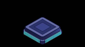 Isometric artificial intelligence chip animation. Artificial intelligence concept. Futuristic microchip processor. Motion graphic. Transparent background video