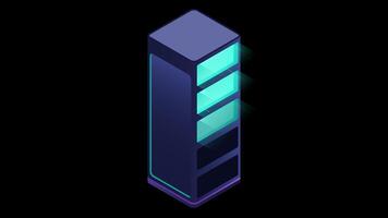 Isometric futuristic server animation. Isometric database or data center. Abstract blockchain. Computer storage. Transparent background, video