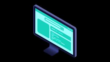 Isometric monitor animation. Computer monitor isometric desktop. Modern monitor. 4K animated in isometric style. Transparent background with alpha. video