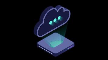 Isometric cloud database animation. Cloud computing and file cloud storage. Modern technology. Motion graphic. Transparent background, video