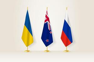 Diplomatic Meeting Representation, Ukraine, New Zealand and Russia Flags. Flags on Diplomatic Stands. vector
