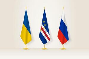 Diplomatic Meeting Representation, Ukraine, Cape Verde and Russia Flags. Flags on Diplomatic Stands. vector