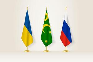 Diplomatic Meeting Representation, Ukraine, Cocos Islands and Russia Flags. Flags on Diplomatic Stands. vector