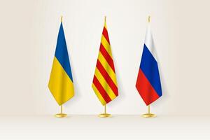 Diplomatic Meeting Representation, Ukraine, Catalonia and Russia Flags. Flags on Diplomatic Stands. vector
