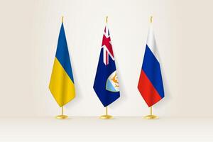 Diplomatic Meeting Representation, Ukraine, Anguilla and Russia Flags. Flags on Diplomatic Stands. vector
