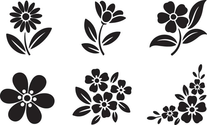 Six Elegant Black Silhouettes of Flowers, Blooming in Simple Style on White Background, Perfect for Decoration