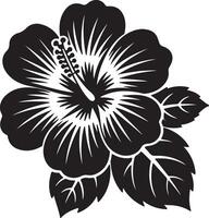 Elegant Black and White Hibiscus Flower Graphic A Stunning Floral Illustration with Bold Petals and Lush Leaves, Perfect for Tropical Designs vector