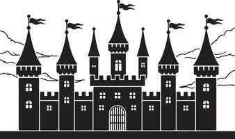 Majestic Black Castle Silhouette Under Cloudy Skies A Mysterious and Enchanting Fairytale Setting - Professional digital artwork with vibrant colors and detailed composition vector