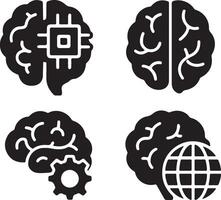 Four Striking Black Silhouettes of Brains Illustrating Artificial Intelligence, Global Connectivity, and Cognitive Processes against a Clean White Background vector